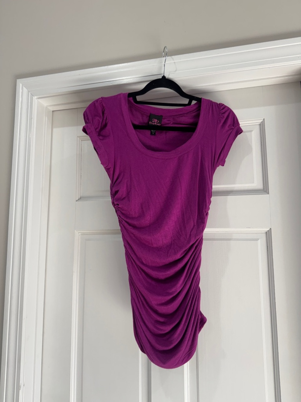 Y2K 2B bebe Ruched Scoop Neck Distressed Magenta Top